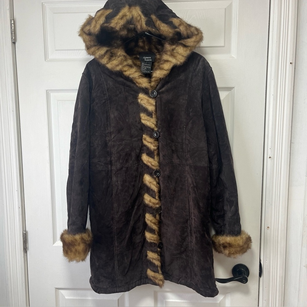 Dennis Basso Brown Suede Faux Fur Lined Coat Women’s Small Mid Length Hood